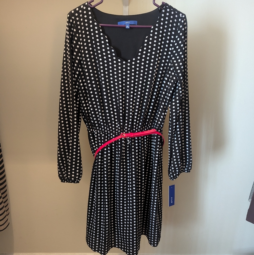 NWT Apt 9 Size 8 Black White Polka Dot Long Sleeve Dress